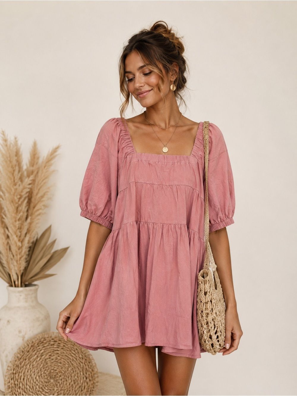 Boho Chic Square Neck Puff Sleeve Mini Dress in Dusty Rose